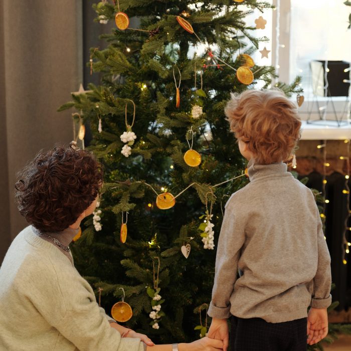 Mother and child holding hands looking at a decorated Christmas tree behind them.