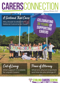 Carers Connection Autumn/Winter 2022 Front Cover showing young carers holding a 'Stirling Young Carers' banner in a field.