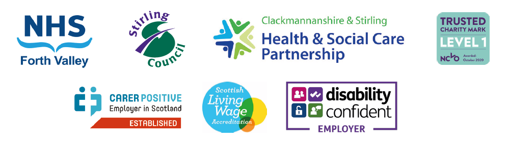 Annual Report supporter logos which are NHS Forth Valley, Stirling Council, Clackmannanshire & Stirling Health & Social Care Partnership, Trusted Charity Mark Level 1, Carer Positive Established, Scottish Living Wage Accreditation, Disability Confident Employer.