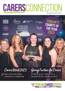 Front cover of Spring/Summer 2023 Carers Connection magazine featuring 5 female team members collecting the Charity of the year award.