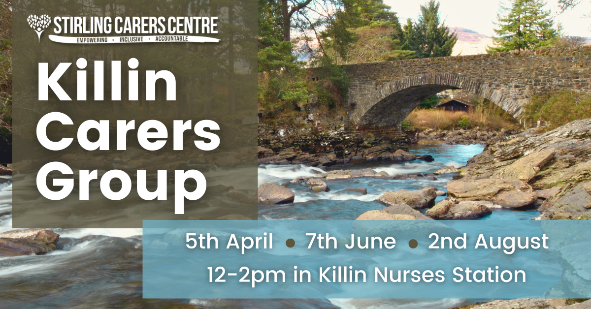 Advert for Killin Carers Group showing a photo of the Falls of Dochart