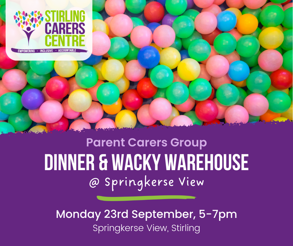 Advert for Wacky Warehouse event featuring a picture of multi-coloured ball pool balls.