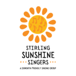 Stirling Sunshine Singers logo. The top of the logo is a sunshine filled with musical notes. Underneath reads Stirling Sunshine Singers; a dementia friendly singing group.