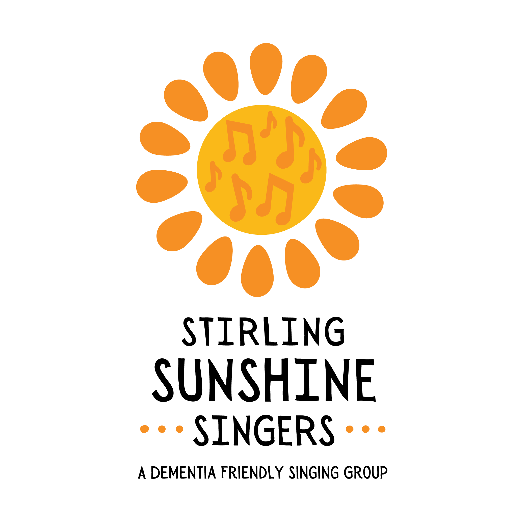 Stirling Sunshine Singers logo. The top of the logo is a sunshine filled with musical notes. Underneath reads Stirling Sunshine Singers; a dementia friendly singing group.