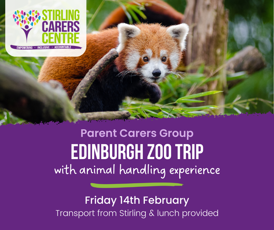 An advert for a trip to Edinburgh Zoo. The background features a red panda perched on a tree branch surrounded by green foliage. Text reads: 'Parent Carers Group, Edinburgh Zoo Trip with animal handling experience. Friday 14th February. Transport from Stirling & lunch provided.' The Stirling Carers Centre logo is displayed in the top left corner.