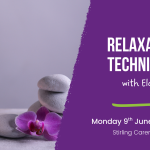 "A poster for 'Carers Week: Relaxation Techniques with Elaina.' Features candles, stones, and orchid. Event on Monday, 9th June, 10-11:30am."