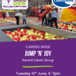 Indoor playground with foam pit and climbing walls. Two kids play with foam bats. Bright, playful atmosphere. Text promotes “Jump ‘n’ Joy” carers event.