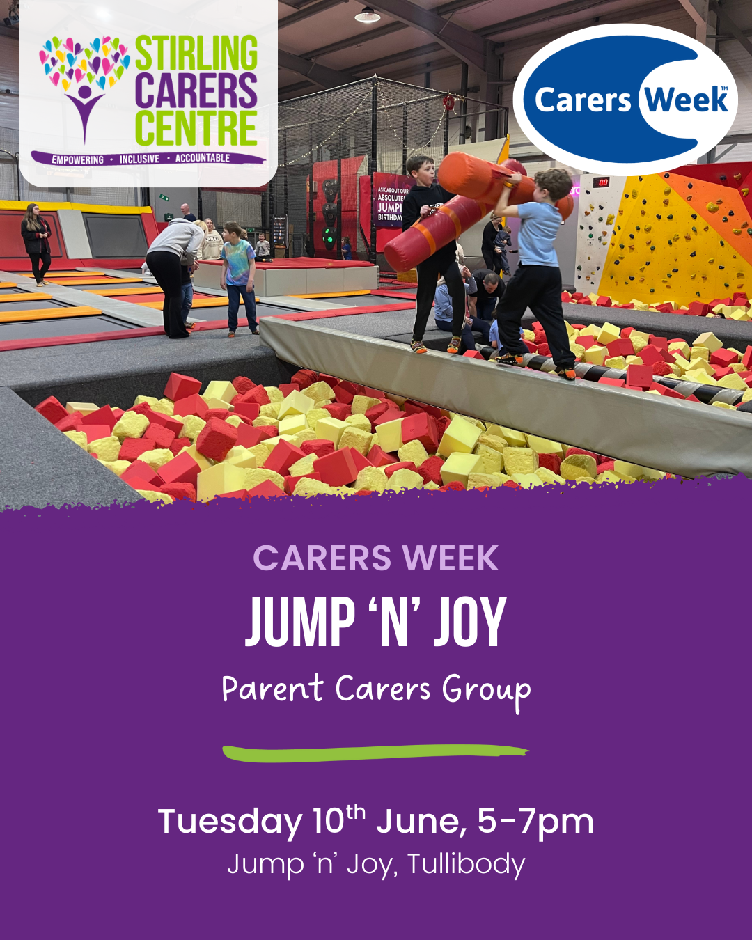 Indoor playground with foam pit and climbing walls. Two kids play with foam bats. Bright, playful atmosphere. Text promotes “Jump ‘n’ Joy” carers event.